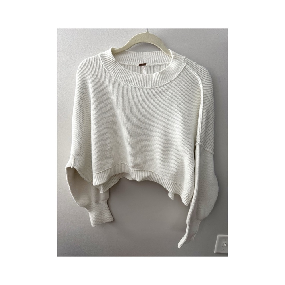 Free People Cream Cropped Crew Neck Sweater